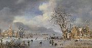 A winter landscape with skaters and kolf players on a frozen river, Aert van der Neer